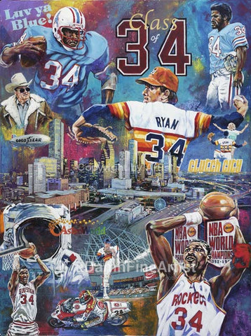 Legacy The Class of 34 original painting featuring Houston greats Earl Campbell, Hakeem Olajuwon, Nolan Ryan, Kevin Schwantz and more