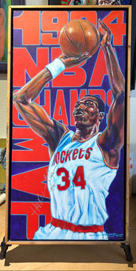 Basketball player in a Rockets jersey holding a basketball, framed with '1994 NBA Champions' text.
