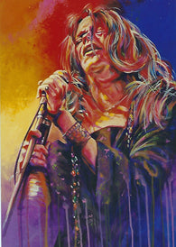 Vibrant watercolor-style portrait painting of a rock star holding a microphone, with dramatic red, orange, yellow, blue, and purple brushstrokes across the scene.