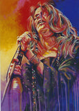 Vibrant watercolor-style portrait painting of a rock star holding a microphone, with dramatic red, orange, yellow, blue, and purple brushstrokes across the scene.