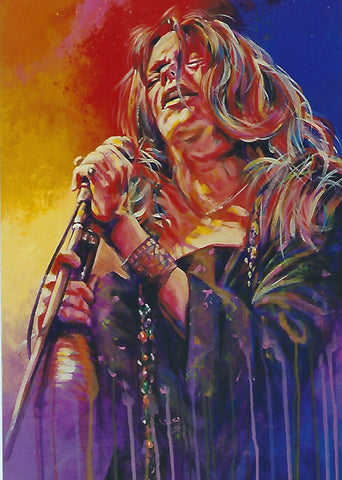 Vibrant watercolor-style portrait painting of a rock star holding a microphone, with dramatic red, orange, yellow, blue, and purple brushstrokes across the scene.