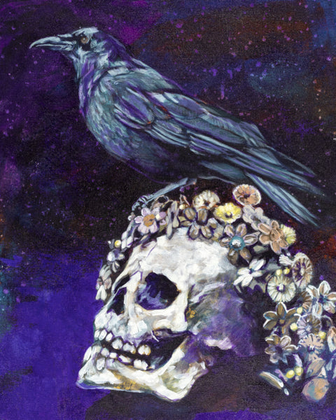 Raven and Skull With Flower Crown limited edition canvas giclee print