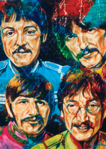A colorful painted portrait collage of four men's faces, rendered in expressive brushstrokes with prominent blue, red, green, yellow, pink, and brown tones.
