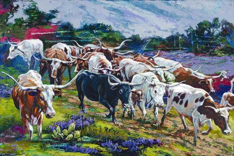 Longhorn Bluebonnets limited edition giclee on canvas featuring Texas Longhorn cattle