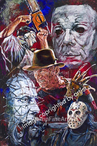 Horror Movie Villains fine art print featuring Jason, Freddy Krueger, Leatherface, Pinhead and Michael Myers autographed by Ari Lehman