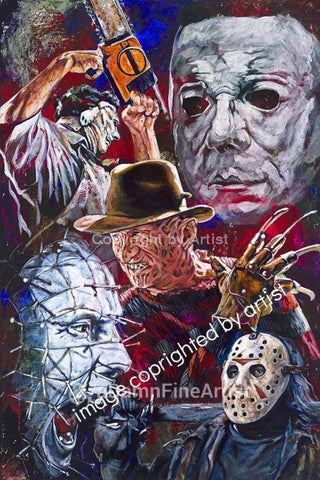 Horror Movie Villains fine art print featuring Jason, Freddy Krueger, Leatherface, Pinhead and Michael Myers