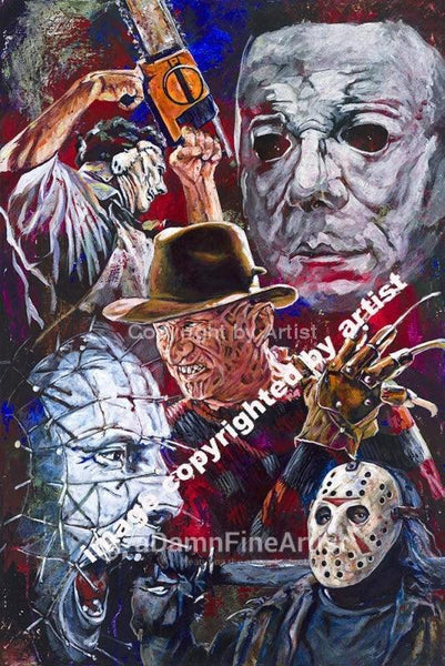 Horror Movie Villains limited edition canvas giclee featuring Jason, Freddy Krueger, Leatherface, Pinhead and Michael Myers
