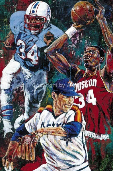 Houston 34's fine art print featuring Houston sports greats Earl Campbell, Hakeem Olajuwon and Nolan Ryan