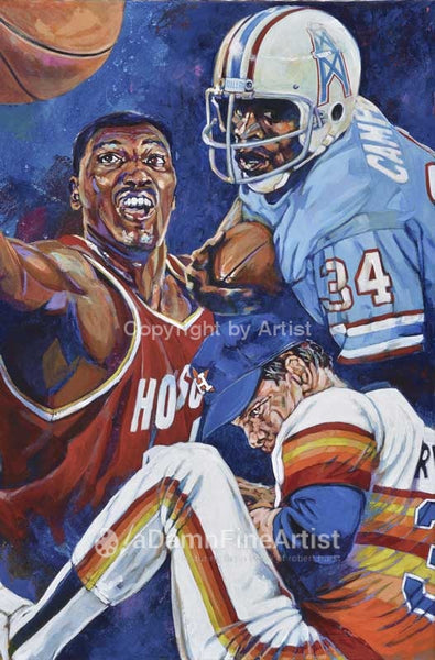 Houston 34S Iv Limited Edition Canvas Giclee Autographed By Earl Campbell Hakeem Olajuwon And Nolan