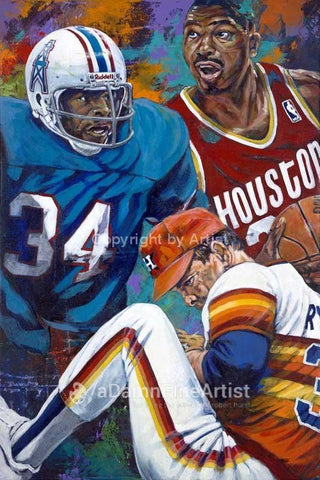 Houston 34's Redux fine art print featuring Earl Campbell, Hakeem Olajuwon and Nolan Ryan