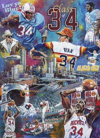 Legacy The Class of 34 fine art print featuring Houston greats Earl Campbell, Hakeem Olajuwon, Nolan Ryan, Kevin Schwantz and more