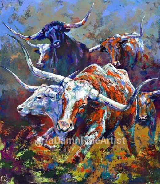 Longhorns Gone Wild limited edition canvas giclee print featuring Texas Longhorn cattle