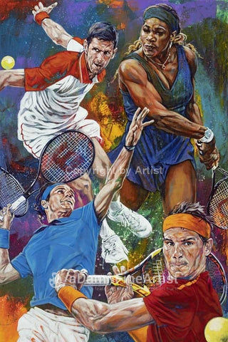 Tennis Greats fine art print featuring Serena Williams, Roger Federer, Rafael Nadal and Novak Djokovic